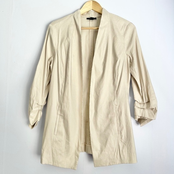 𝅺NEW Alfani Beige Ruched Sleeves  Linen-blend Open Blazer US S - Picture 2 of 8
